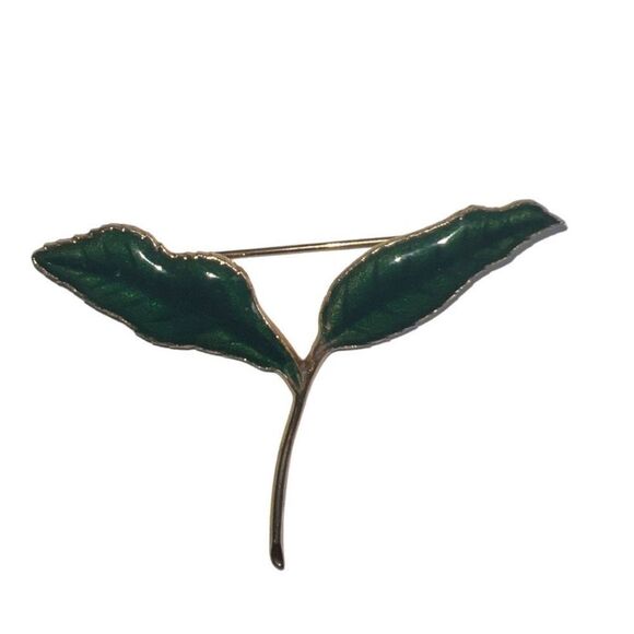 Green Two Leaf Brooch Pin Vintage Gold Tone Women's Party Wedding Accessory - Picture 1 of 3